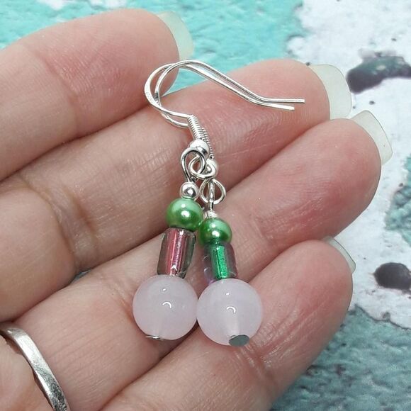 Boho Earrings 403# Petite Pink boho hippie dangle earrings OOAK silver earrings - Picture 3 of 5